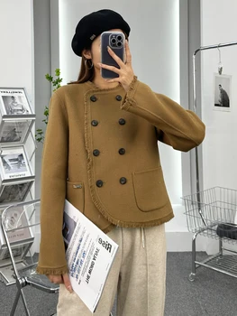 Двубортные короткие куртки и пальто ручной работы в корейском стиле из натуральной шерсти