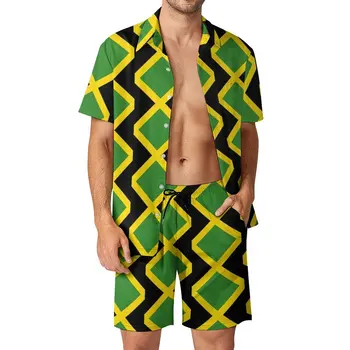 Мужские комплекты с флагом Ямайки, Ямайская подушка, эстетичный повседневный комплект рубашек, дизайнерские шорты с коротким рукавом, костюм для летних каникул, плюс размер 3XL