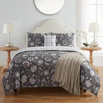Кровать из полиэстера VCNY Home Miel из 9 предметов серого/коричневого цвета с цветочным рисунком в сумке, двойное пуховое одеяло
