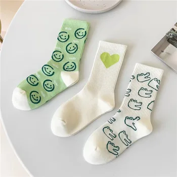 Носки в стиле Лолиты с милым мультяшным дизайном Оптом Хлопковые Спортивные Повседневные Зеленые Женские носки со смайликом
