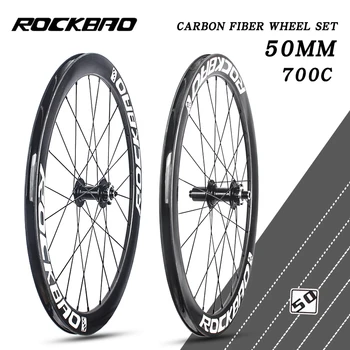 Дорожные карбоновые колеса ROCKBAO 700C 50 мм, качественный карбоновый обод, Бескамерные аксессуары для велосипедов, Готовая гоночная колесная пара с 5 подшипниками
