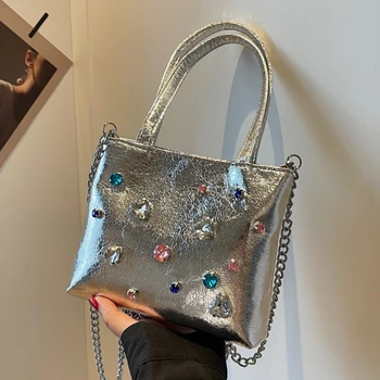 Модная Женская Красочная сумочка Со стразами Дизайнерская Цепочка из искусственной кожи, Серебряная сумка-Мессенджер, сумка для подмышек, Кошельки, сумки-тоут Для женщин