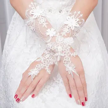 Женские свадебные перчатки без пальцев, кружевные варежки с цветочной аппликацией из искусственного жемчуга и банта