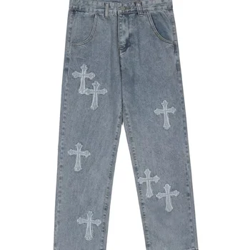 Мужские джинсовые брюки Y2K в европейском и американском стиле, уличная вышивка крестом, хип-хоп бренд tide, прямые свободные широкие брюки