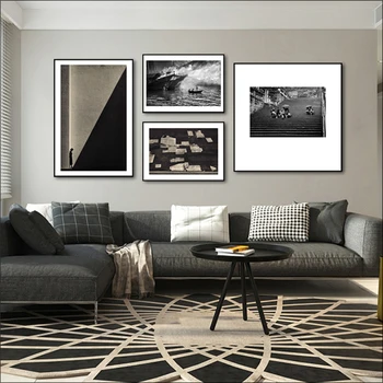 Абстрактная живопись, Современный минималистичный плакат с геометрической графикой, Черно-белая фотография, Художественная роспись на холсте, Гостиная