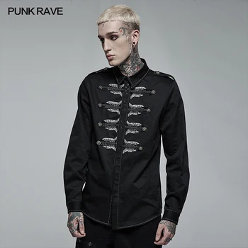 Мужские панк-рейв, панк-персонализированная рубашка с вышивкой в виде черепа и скелета, неэластичная, приталенная, Повседневная, Черные топы, мужская одежда