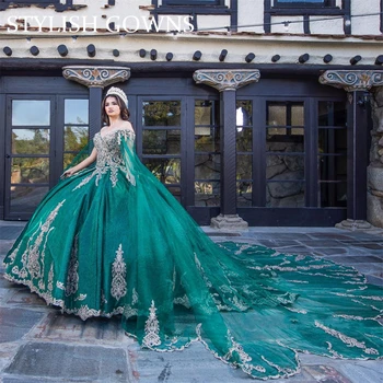 Зеленое пышное платье с открытыми плечами, аппликации, платья для вечеринки в честь Дня рождения С накидкой, Пышный Выпускной, Милая 16 Принцесса