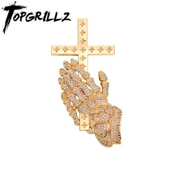 TOPGRILLZ, Новое Ожерелье с подвеской в виде Молящейся руки, покрытое льдом, с Крестом золотого цвета, ювелирные изделия в стиле хип-хоп, панк, Религиозные аксессуары