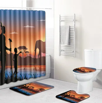 Комплект штор для душа с пейзажем из полиэстера, нескользящие коврики, Ковер для ванной комнаты, Туалетный фланелевый коврик для ванной, 4 шт.