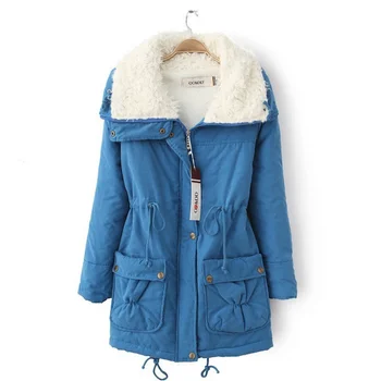Зимняя хлопковая куртка, одноцветное изделие, средней длины с завязками на талии, утягивающая хлопковая куртка из овчины, хлопковое платье для женщин