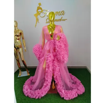 Ярко-Розовое Тюлевое платье для беременных для Фотосессии с Оборками, Тюлевое платье для выпускного вечера с бантом и Поясом, Праздничная Одежда для Беременных, Детские платья для душа