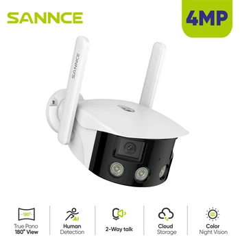 SANNCE 4-Мегапиксельная Панорамная Уличная WiFi-камера безопасности с двумя объективами, Сверхширокоугольная на 180 °, Интеллектуальное обнаружение автомобиля человеком, Двустороннее аудио