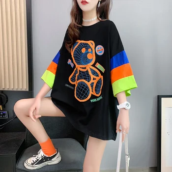 Новая корейская версия, полотенце контрастного цвета средней длины, вышитая футболка с короткими рукавами, Женская одежда в стиле Каваи с мультяшным медведем