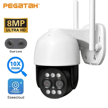 PEGATAH 8MP PTZ WiFi IP-камера с Двойным Объективом AI Отслеживание Человека Ночного Видения 10-Кратный Цифровой Зум CCTV Security Камера Видеонаблюдения