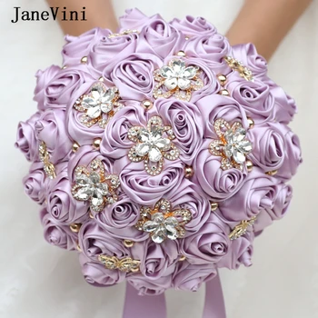 JaneVini Роскошные светло-фиолетовые цветы для свадебных букетов Невесты из искусственной атласной розы с кристалалми и бриллиантами
