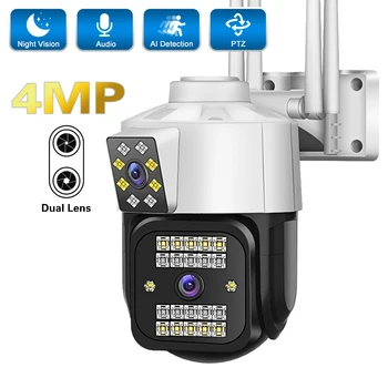 4-Мегапиксельная WiFi IP-камера PTZ Камера Безопасности Двухобъективная Цветная Ночного Видения с Автоматическим Отслеживанием Наружного Видеонаблюдения Камеры Скрытого Видеонаблюдения