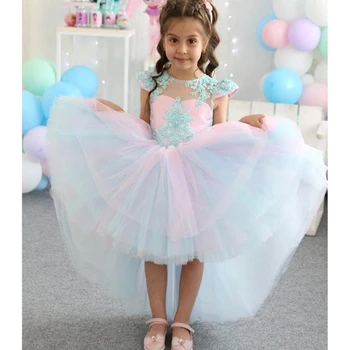 Милые Розовые платья с аппликацией для девочек в цветочек, платье Принцессы на День Рождения, Платье для Причастия, платье для невесты, Свадебное платье для девочек