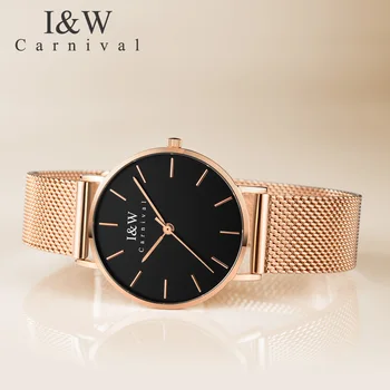 Модные женские часы CARNIVAL, брендовые женские роскошные часы из розового Золота, серебра, ультратонкие кварцевые наручные часы для девочек, водонепроницаемые Reloj Hombre
