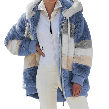 Зимняя женская куртка, теплое плюшевое Повседневное Свободное пальто с капюшоном, Зимняя верхняя одежда в стиле пэчворк Из искусственного меха На молнии, Женская парка-пальто 2023