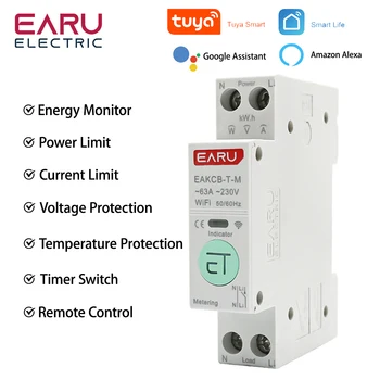 Умный Автоматический выключатель TUYA WiFi MCB Защита от перегрузки по току и пониженного напряжения, Измерение мощности 1-63A Беспроводной пульт дистанционного управления