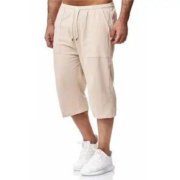 Стильные повседневные брюки с завязками, однотонные летние мужские хлопчатобумажные льняные брюки, облегающие ретро-брюки, Уличная одежда