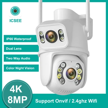 ICSEE 4K 8MP Двухобъективная Wifi PTZ-камера с двойным экраном, Автоматическое отслеживание с помощью искусственного интеллекта, обнаружение человека, Наружное водонепроницаемое двухстороннее аудио наблюдение