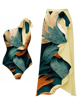 2023 Женский купальник с рюшами, цельный купальник с цветочным принтом на одно плечо, полиэстер, Бразильский летний купальный костюм и накидка