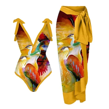Желтый Сексуальный Цельный Купальник с глубоким V-образным вырезом и принтом птиц, юбки на шнуровке, Шикарные Купальники-стринги с бабочкой, Летние Пляжные Бикини
