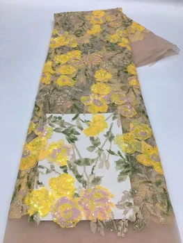 Новейшая роскошная Элегантная африканская вышивка из бисера 2023, Кружевная ткань в нигерийском стиле с блестками, 3d Кружевная ткань для свадебного платья