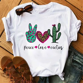 Футболка с графическим принтом Peace Love Cactus, Летние Топы, Модная Женская футболка в стиле Харадзюку, Милая Футболка, Женские графические Футболки, Одежда