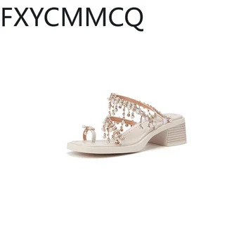 FXYCMMCQ /2023 Взрывные женские Кожаные Летние Босоножки в богемном стиле для Отдыха на толстом каблуке (5 см) с открытым носком, однотонные, 8195