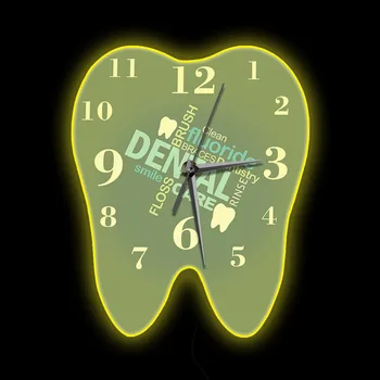 Уход за зубами Бесшумные настенные часы в форме Зуба Для офиса стоматолога, Одонтолога, Бизнес Неоновая вывеска, светодиодное освещение, настенные часы