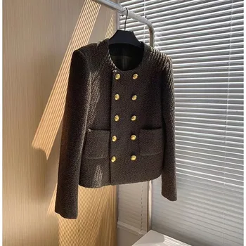 Твидовое легкое роскошное пальто для женщин 2023, новое однобортное с круглым вырезом и длинными рукавами, модный дизайн, нишевый шикарный Свободный жакет
