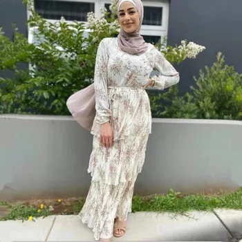 Модный стиль Торта Исламская Абайя Дубай Арабское мусульманское Платье-Хиджаб Исламская Одежда Макси-Платье Женское Плиссированное Vestidos Robe F2730
