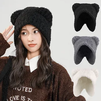 Шерстяная шапка с медвежьими ушками для женщин, осенне-зимняя защита ушей, вязаная шапка-бомбер, уличные ветрозащитные термо-шапки