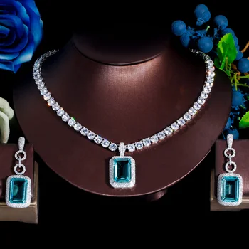 Модные светло-голубые кубические циркониевые Длинные Прямоугольные висячие серьги и ожерелье для женщин, вечерние украшения TZ742