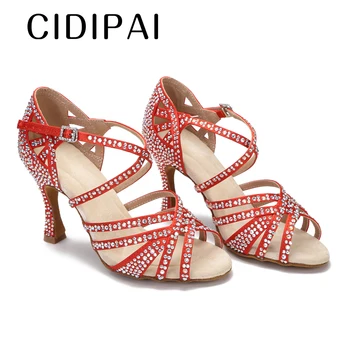 CIDIPAI/ шелковые атласные красные танцевальные туфли для латиноамериканских танцев, туфли для танцев со стразами, обувь для бальных танцев с мягкой подошвой, вечерние сандалии