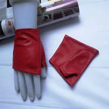 Женские перчатки из натуральной кожи с полупальцами из чистой овчины, черные, красные женские перчатки без пальцев