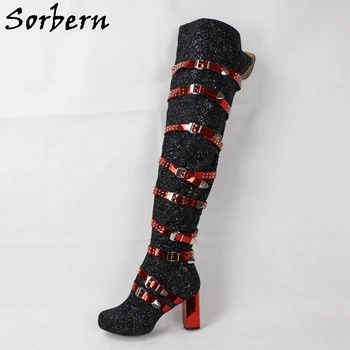 Sorbern/ Черные блестящие женские ботинки в стиле панк с милым круглым носком на блочном каблуке с заклепками, Голографические красные ремешки, открытая спина, женские сапоги до бедра