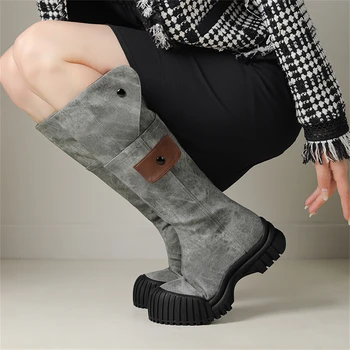 2023, Модные женские джинсовые сапоги до колена в стиле ретро на толстом каблуке, Дизайн накладных карманов с боковой молнией, Повседневные женские Пикантные туфли-лодочки с круглым носком