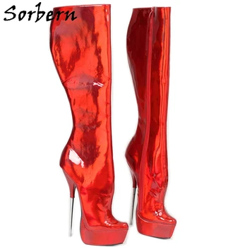 Sorbern/ Разноцветные Голографические сапоги до колена на высоком каблуке 21 см, Балетки на платформе с заостренными носками, Широкие облегающие голени