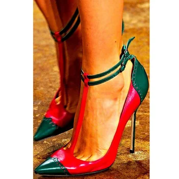 Пикантные туфли-лодочки Армейского зеленого, красного, контрастного цвета с Т-образным ремешком на высоком каблуке, Женские туфли-лодочки из натуральной кожи смешанных цветов с перфорацией типа 