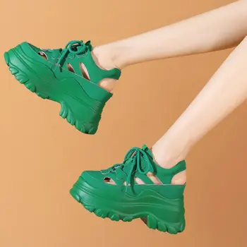 Модные кроссовки-сандалии, женские летние ботильоны из натуральной кожи на платформе и танкетке, туфли-лодочки на высоком каблуке в стиле панк-гот