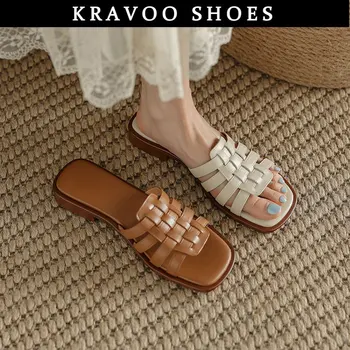 Женская обувь в римском стиле с открытым носком в плетеном стиле KRAVOO, Босоножки на низком квадратном каблуке, однотонные женские тапочки, женские уличные пляжные горки