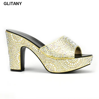 Новое поступление, Модная обувь золотистого цвета, Итальянская женская обувь для вечеринок, женские свадебные туфли со стразами, Высококачественная обувь в нигерийском стиле