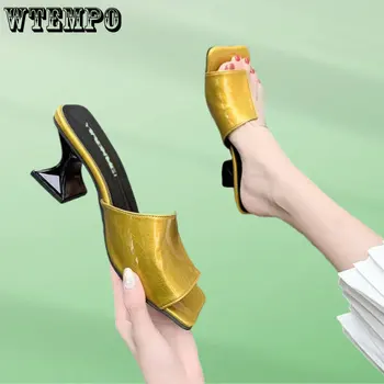 WTEMPO/ Женские Босоножки на необычном каблуке, женские Прозрачные Босоножки в стиле пэчворк с открытым Носком, Тапочки на платформе и высоком каблуке