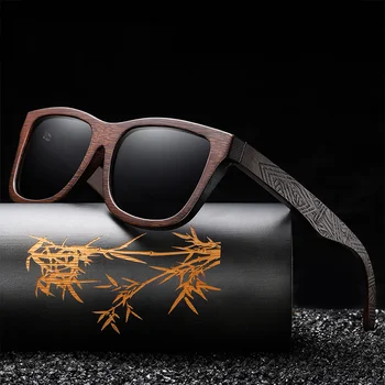 UV400 Солнцезащитные очки из натурального Бамбука, Деревянные Солнцезащитные очки Ручной работы в стиле Ретро, Поляризованные Очки для Мужчин, Линзы с зеркальным покрытием, Очки С Подарочной коробкой 2023