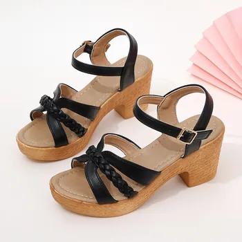 Римские сандалии, пляжная обувь в стиле ретро, женская обувь большого размера с рыбьим ртом, легкая удобная женская обувь на высоком массивном каблуке