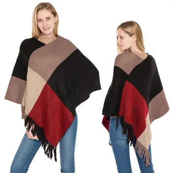 2023 Вязаная теплая шаль в крупную сетку, подходящая по цвету, Осенне-зимний Новый пуловер с кисточками, накидка-пончо