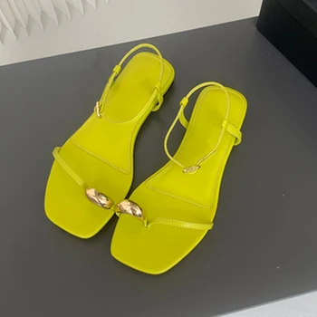 Maxdutti/ Модные женские тапочки, Желтая Кожаная обувь на плоской подошве с пряжкой в виде кольца, Повседневные сандалии для отдыха, женские